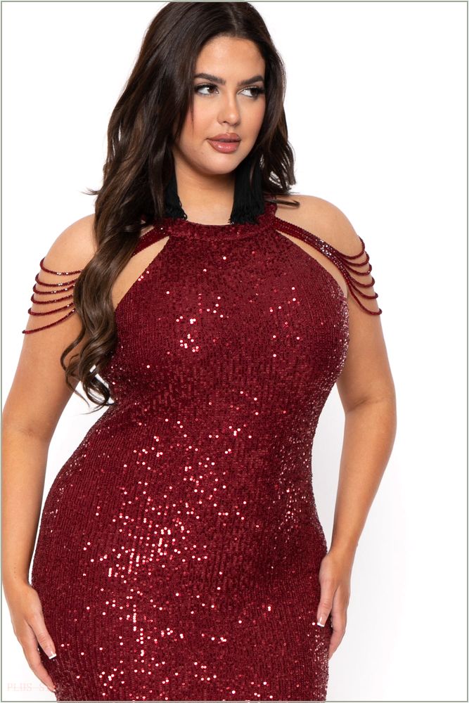  Plus Size Mistika Sequins Dress - Burgundy B50-DR8382X-BY-1X