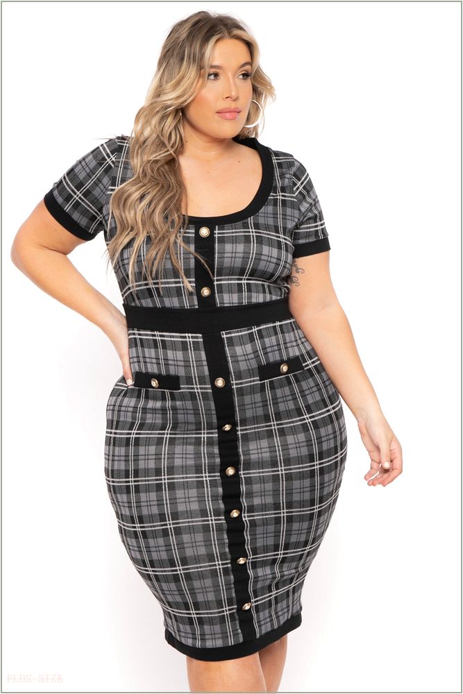  Plus Size Penelope Plaid Midi Dress- Grey M16-CS2313-GY-1X